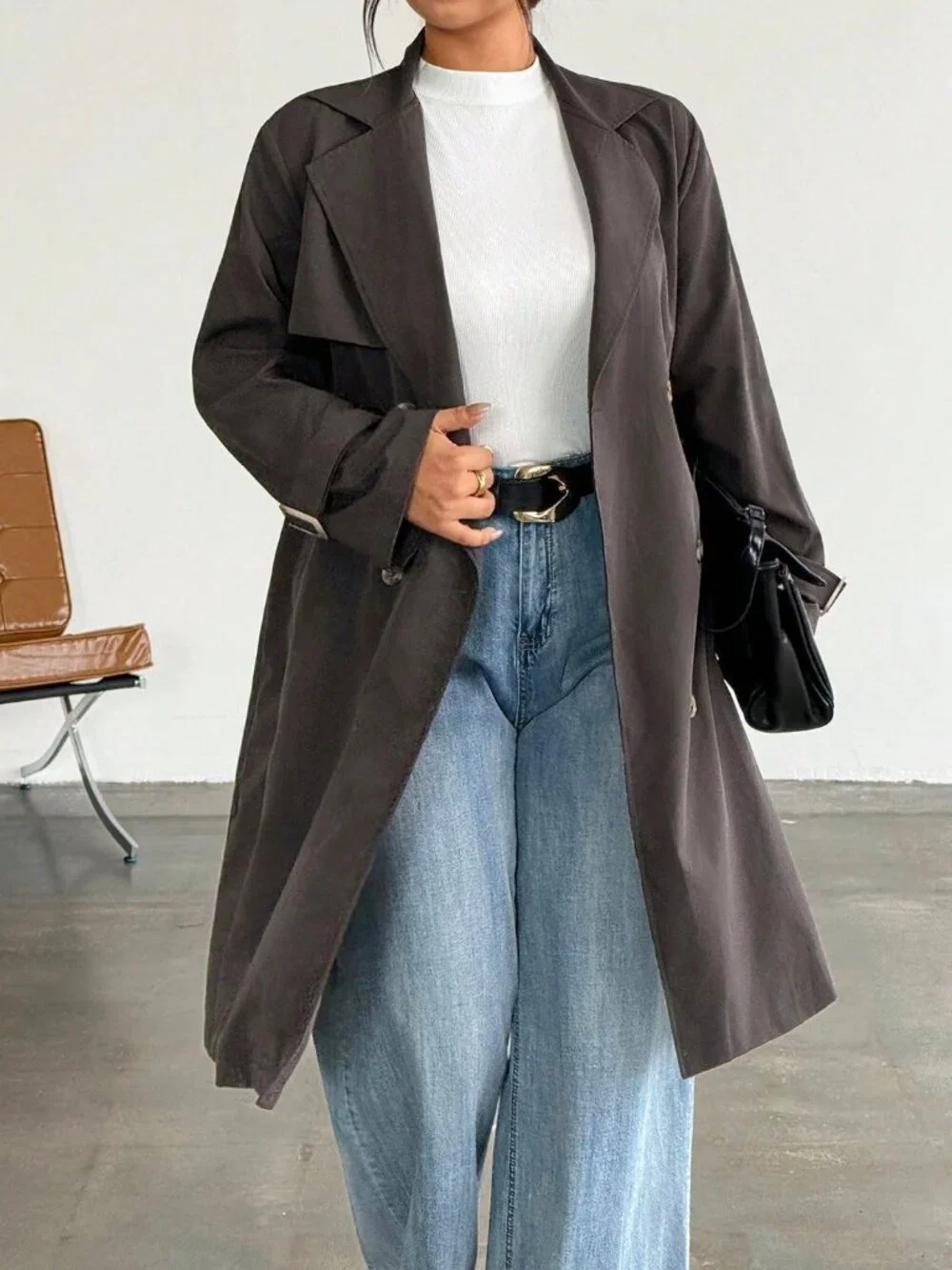 Coffee Brown Casual Women's Plus Size Trench Coat Jacket